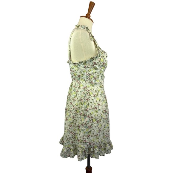Floral Sleeveless Mini Dress Womens S Ruffled Hem Tie Shoulder Straps - Picture 5 of 12